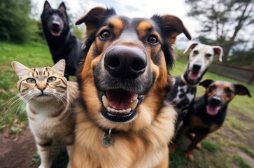 Cat standing with dogs.
